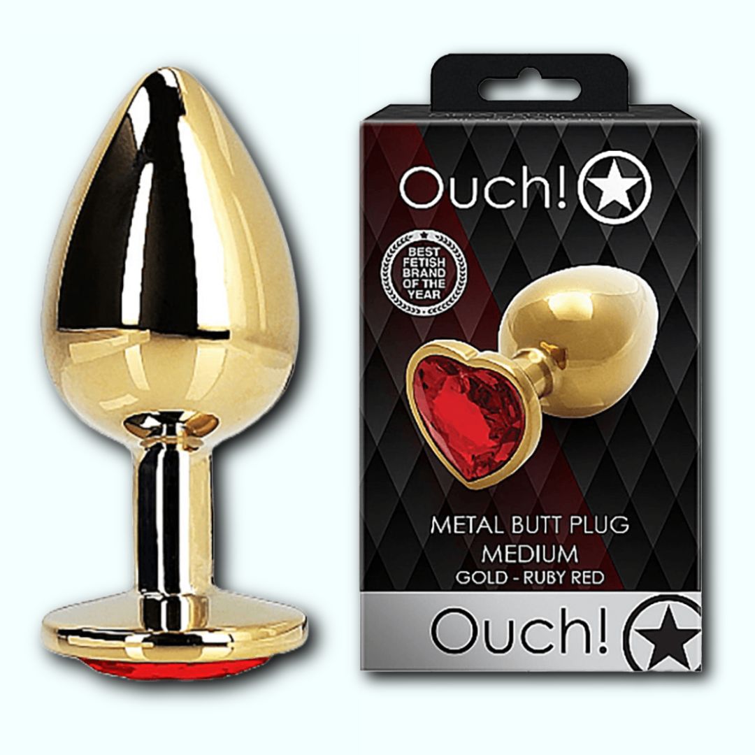 Shots Ouch! Heart Gem Butt Plug Medium - Gold/Ruby Red