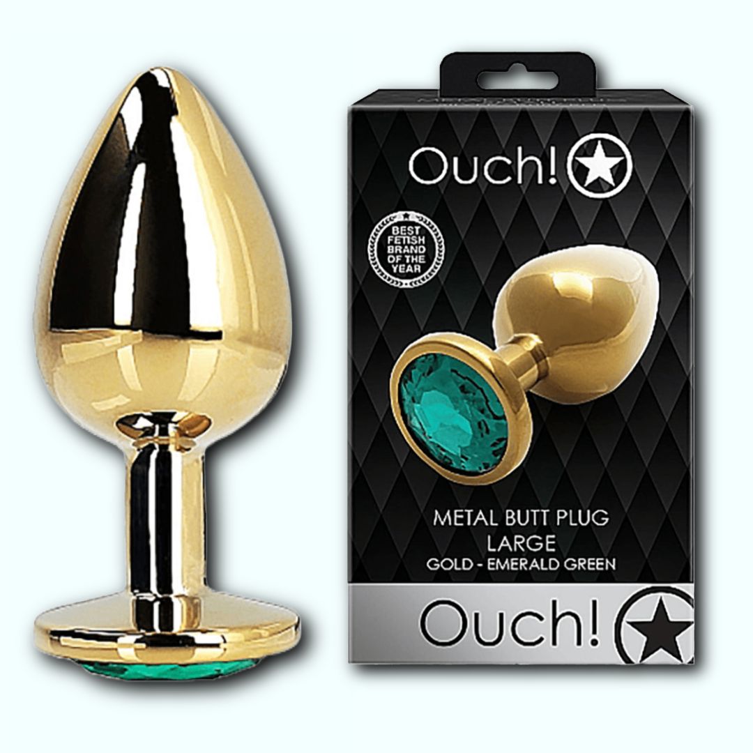 Shots Ouch! Round Gem Butt Plug Large - Gold/Emerald Green